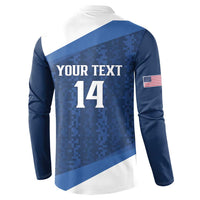 Blue and white rugby sweatshirt back with YOUR TEXT 14 and US flag sleeve patch