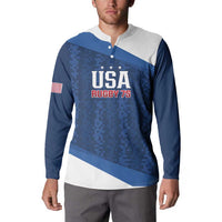 Blue and white rugby sweatshirt with USA Rugby 7s graphic, button collar
