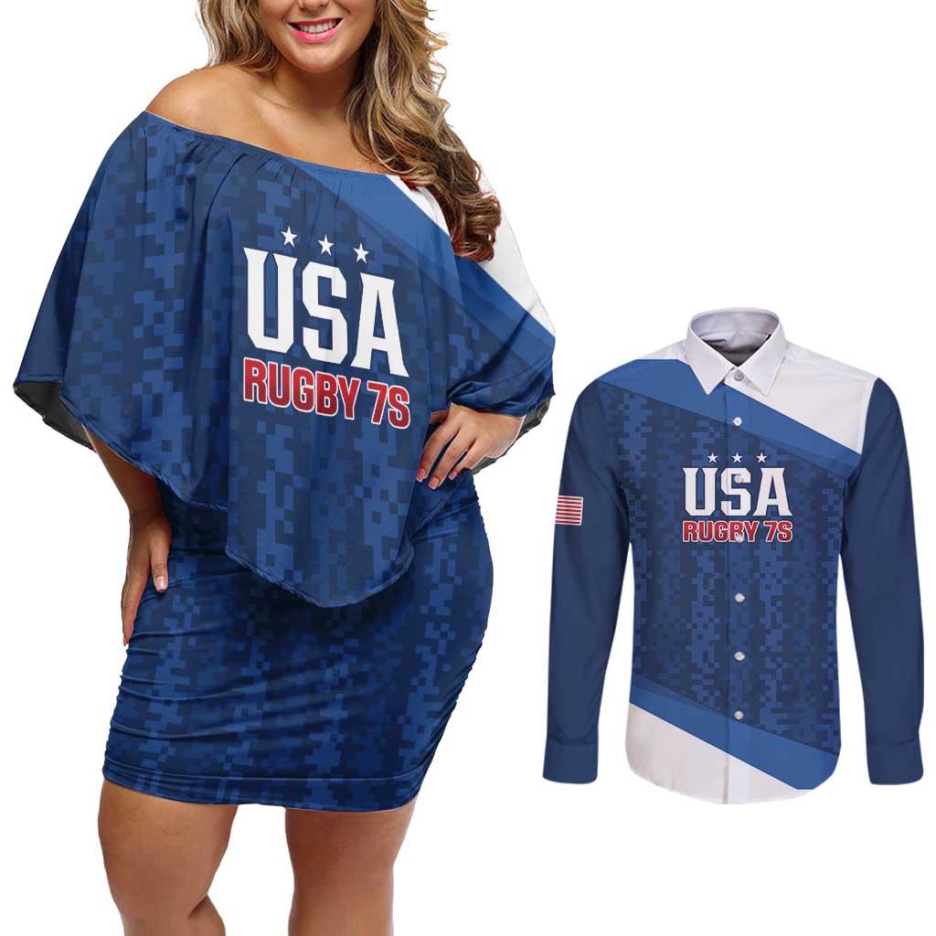 Custom USA Rugby 2025 Couples Matching Off Shoulder Short Dress and Long Sleeve Button Shirt Go Champions Eagles - Wonder Print Shop