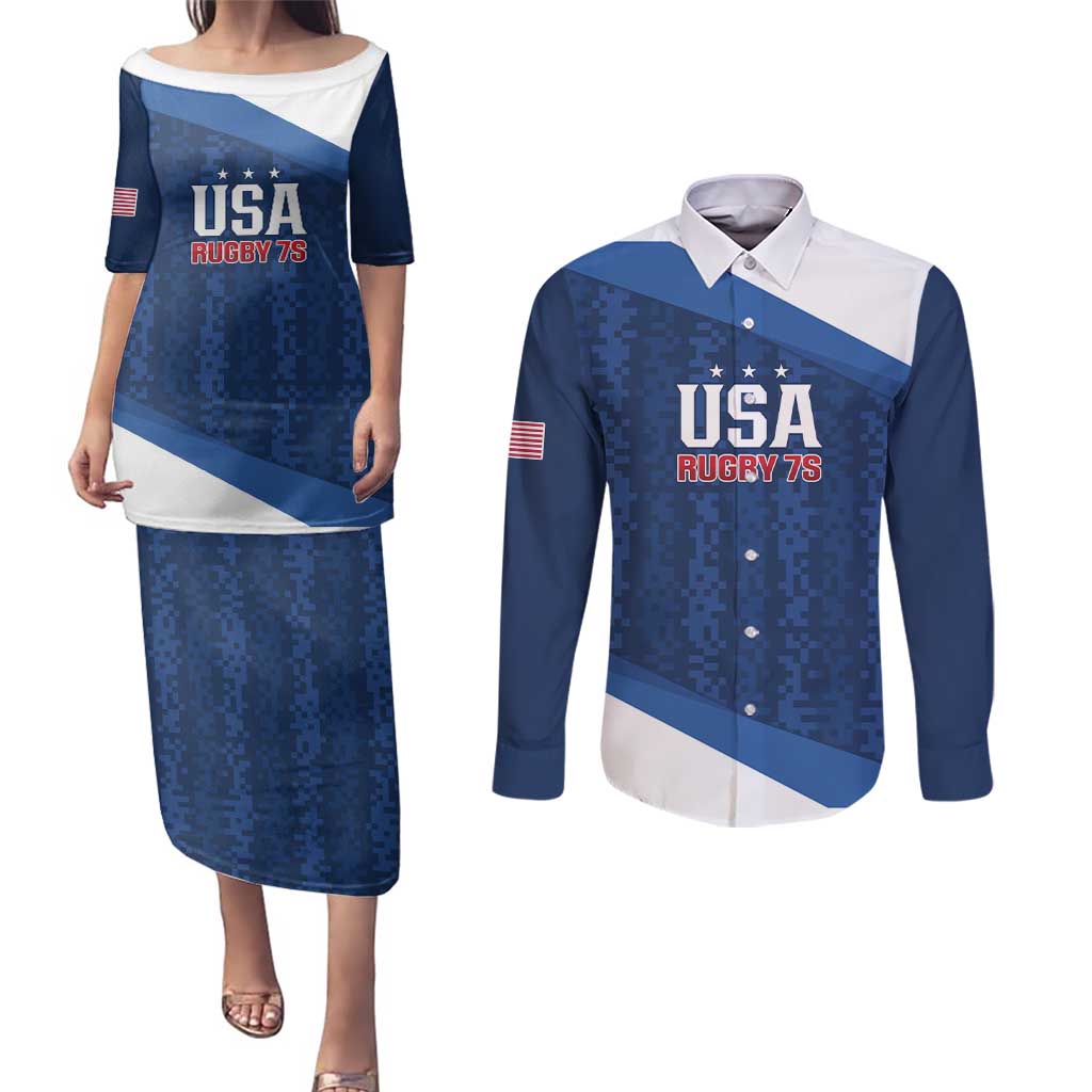 Custom USA Rugby 2025 Couples Matching Puletasi and Long Sleeve Button Shirt Go Champions Eagles - Wonder Print Shop