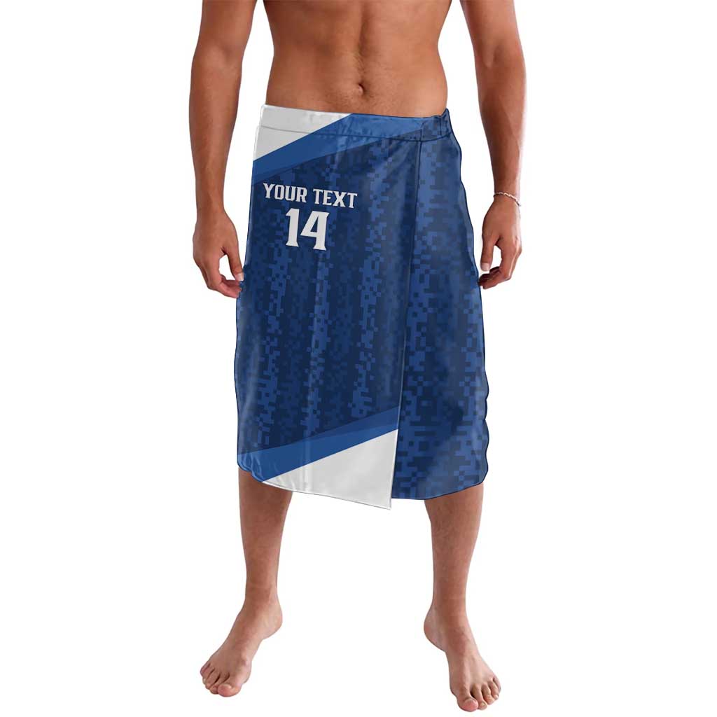 Blue custom rugby shorts with waistband and large front number 14