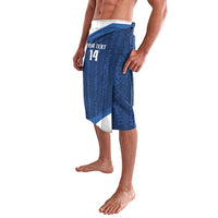 Blue custom rugby shorts with side panel and front number 14