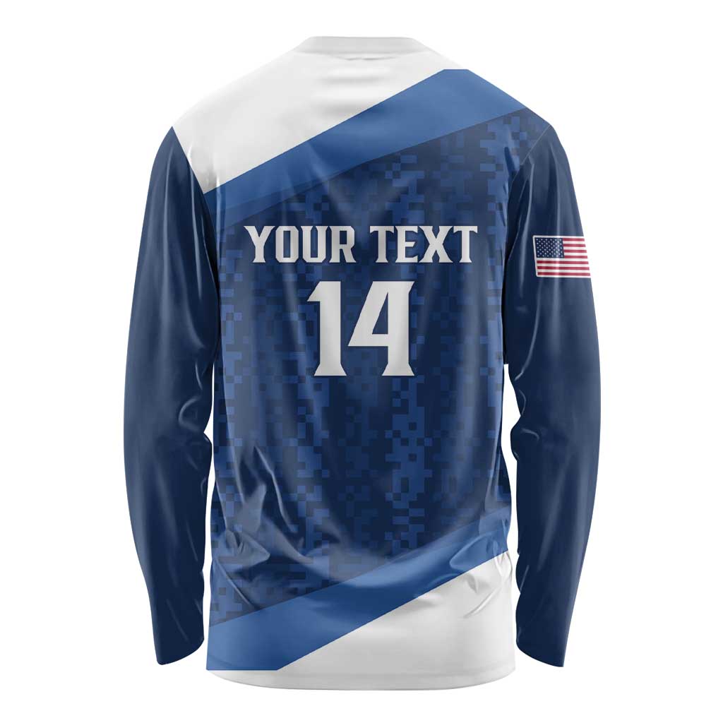 Navy long-sleeve rugby shirt back with your text, number 14, and USA flag patch