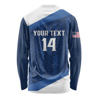 Navy long-sleeve rugby shirt back with your text, number 14, and USA flag patch