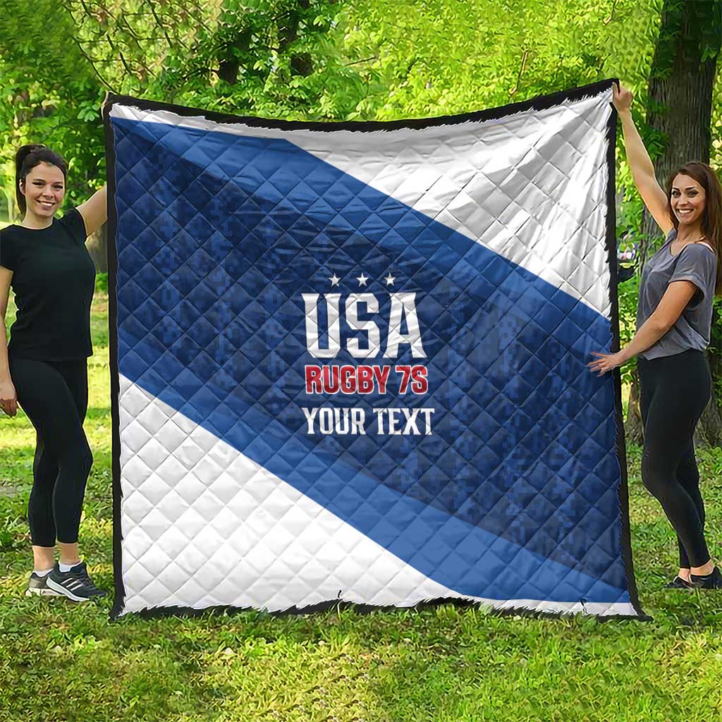 Blue and white quilt with USA Rugby 7s emblem and “Your Text” on a diagonal flag pattern.