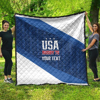 Blue and white quilt with USA Rugby 7s emblem and “Your Text” on a diagonal flag pattern.