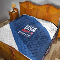 Blue and white USA Rugby 7s quilt laid on a bed, “Your Text” area centered on diagonal.
