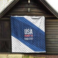 Custom blue and white quilt with USA Rugby 7s emblem and quilted texture, “Your Text”.