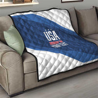 Blue and white USA Rugby 7s quilt draped on a sofa, quilted diamonds and “Your Text”.