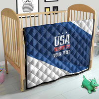 Blue and white custom USA Rugby 7s quilt on a crib, diagonal design with “Your Text”.