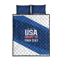 Blue quilt bed set with USA Rugby 7s “Your Text” design and 2 pillow covers