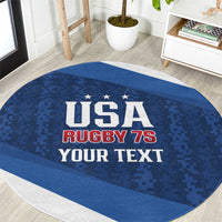 Blue oval rugby graphic area rug with USA Rugby 7s and custom text, white border