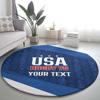 Blue oval rugby area rug featuring USA Rugby 7s and custom text, white border