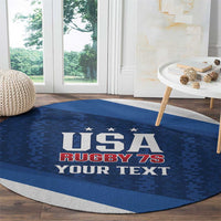 Blue oval rugby area rug with USA Rugby 7s and custom text, textured white edge