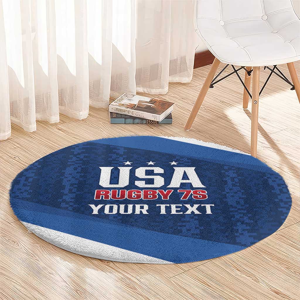 Blue oval rug showing USA Rugby 7s and custom text, white border on hardwood floor