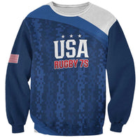 Blue and gray colorblock sweatshirt with USA Rugby 7S graphic on chest
