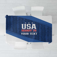 Blue custom rugby tablecloth with diagonal USA Rugby 7s banner and stars