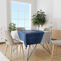 Blue custom rugby tablecloth draped over dining table with diagonal USA Rugby 7s design