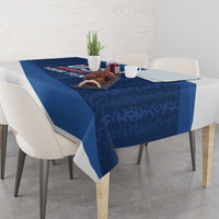 Blue custom rugby tablecloth with USA Rugby 7s text and diagonal stripe, tabletop view
