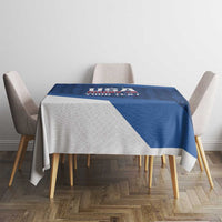 Blue custom rugby tablecloth on dining table featuring USA Rugby 7s and your text