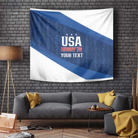 Blue and white rugby tapestry with USA Rugby 7s text and diagonal stripe design