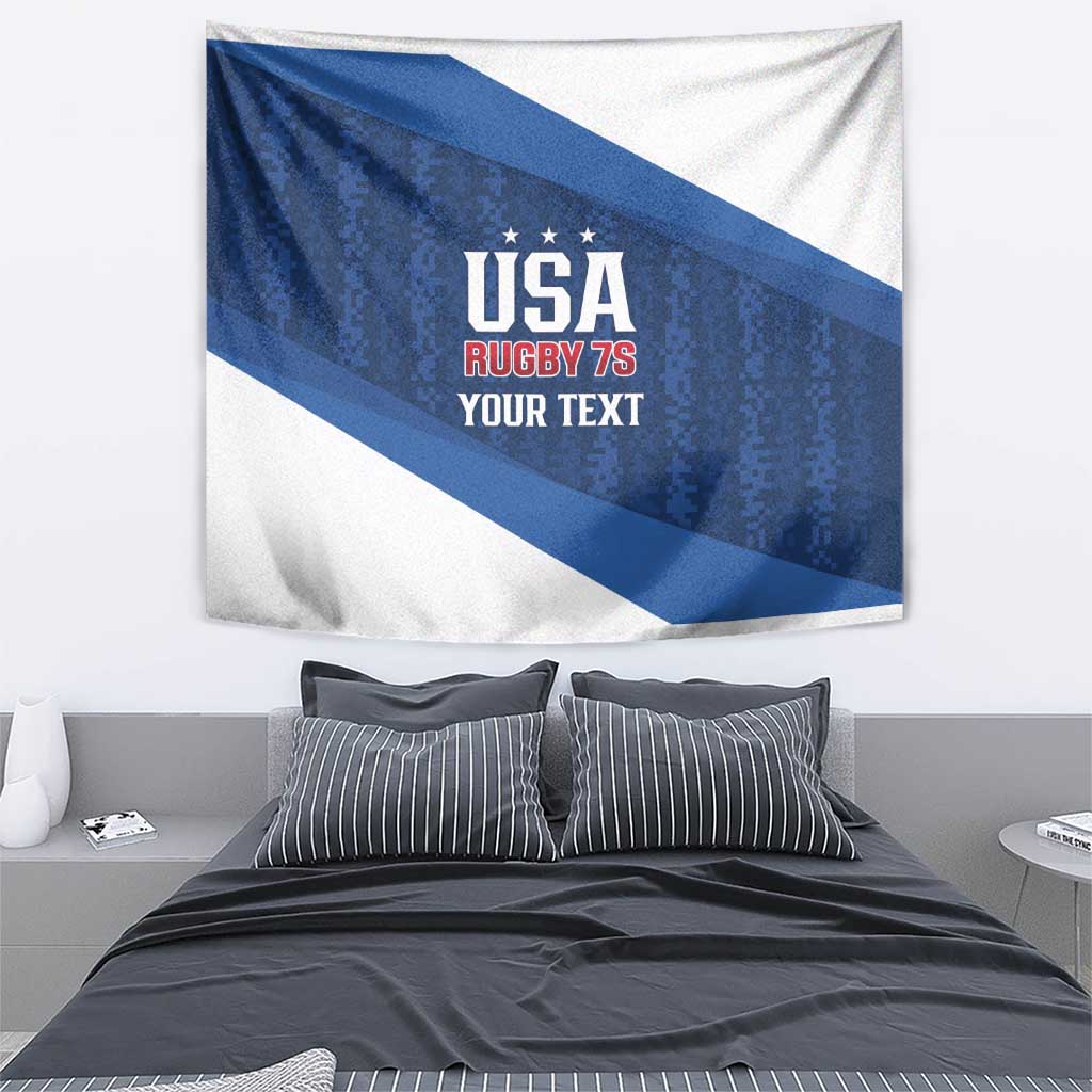 Blue and white rugby wall tapestry showing USA Rugby 7s and "Your Text" in red