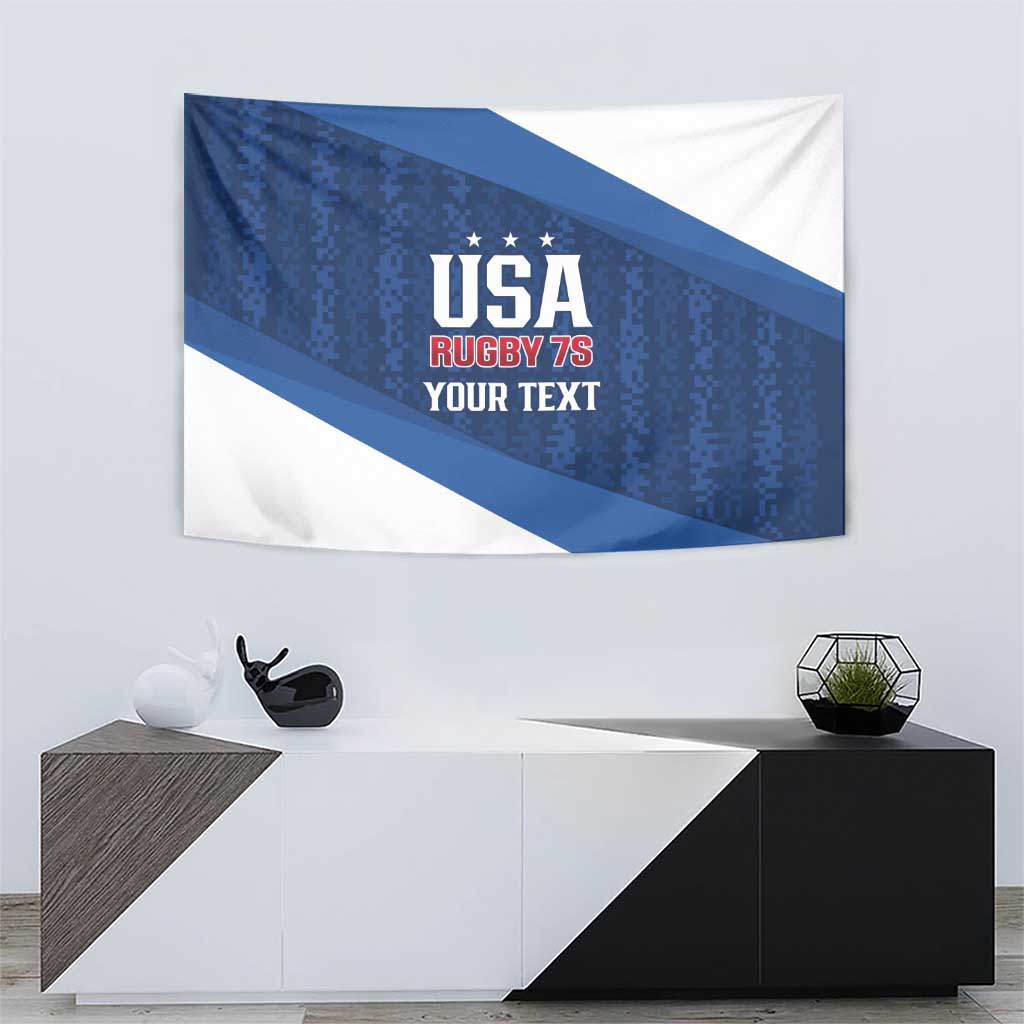 Blue and white rugby tapestry with USA Rugby 7s logo, stars, and "Your Text"