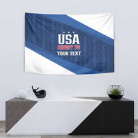 Blue and white rugby tapestry with USA Rugby 7s logo, stars, and "Your Text"