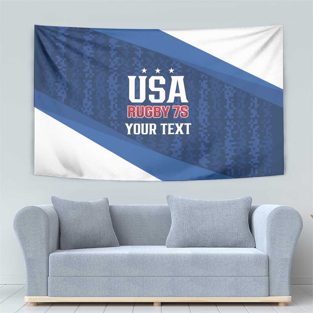 Blue and white rugby tapestry featuring USA Rugby 7s lettering and diagonal band