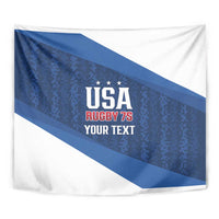 Blue and white rugby tapestry close-up with USA Rugby 7s and "Your Text"