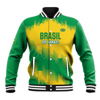 Green and yellow varsity-style baseball jacket with striped ribbed collar and front snaps