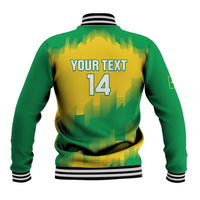Green and yellow baseball jacket back print with number 14 and striped ribbed hem