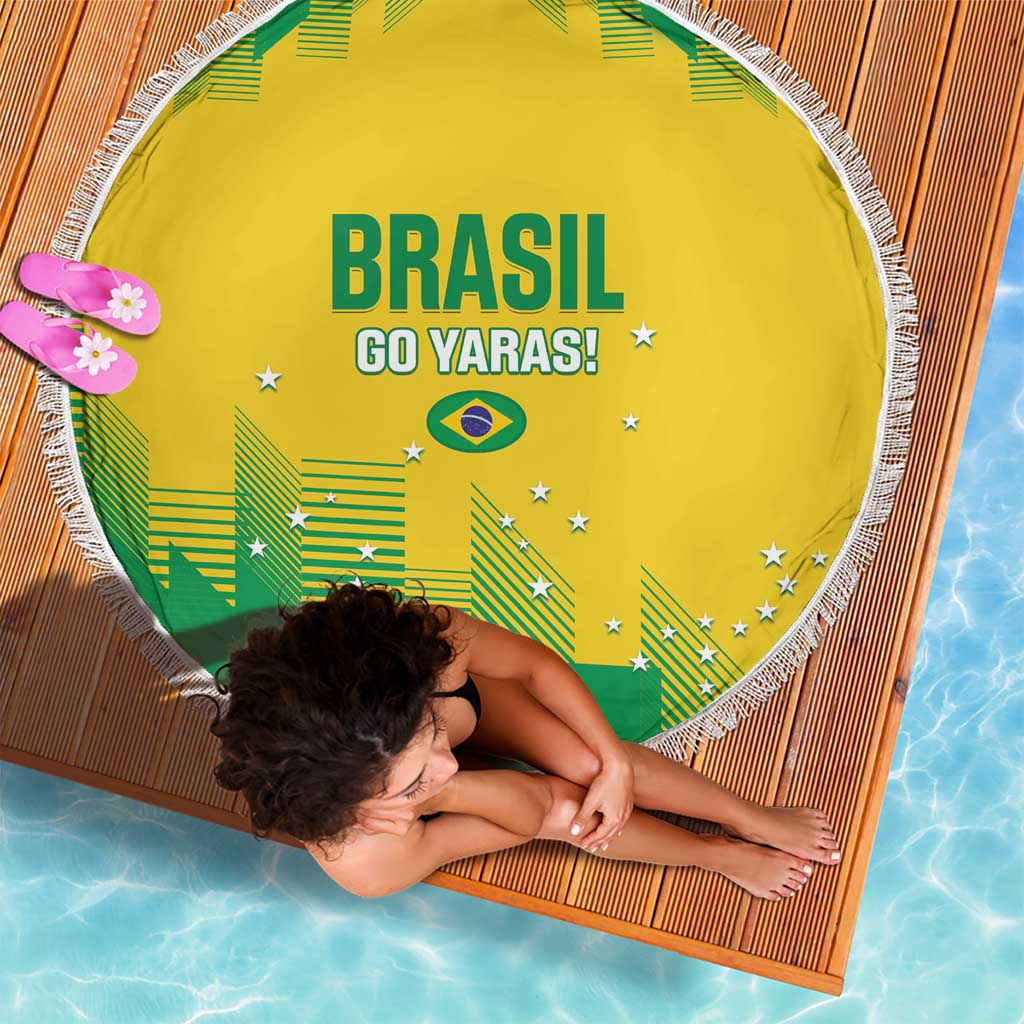 Yellow circular beach blanket with tassel fringe, Brasil Go Yaras! text and Brazil graphic