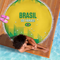 Yellow circular beach blanket with tassel fringe, Brasil Go Yaras! text and Brazil graphic