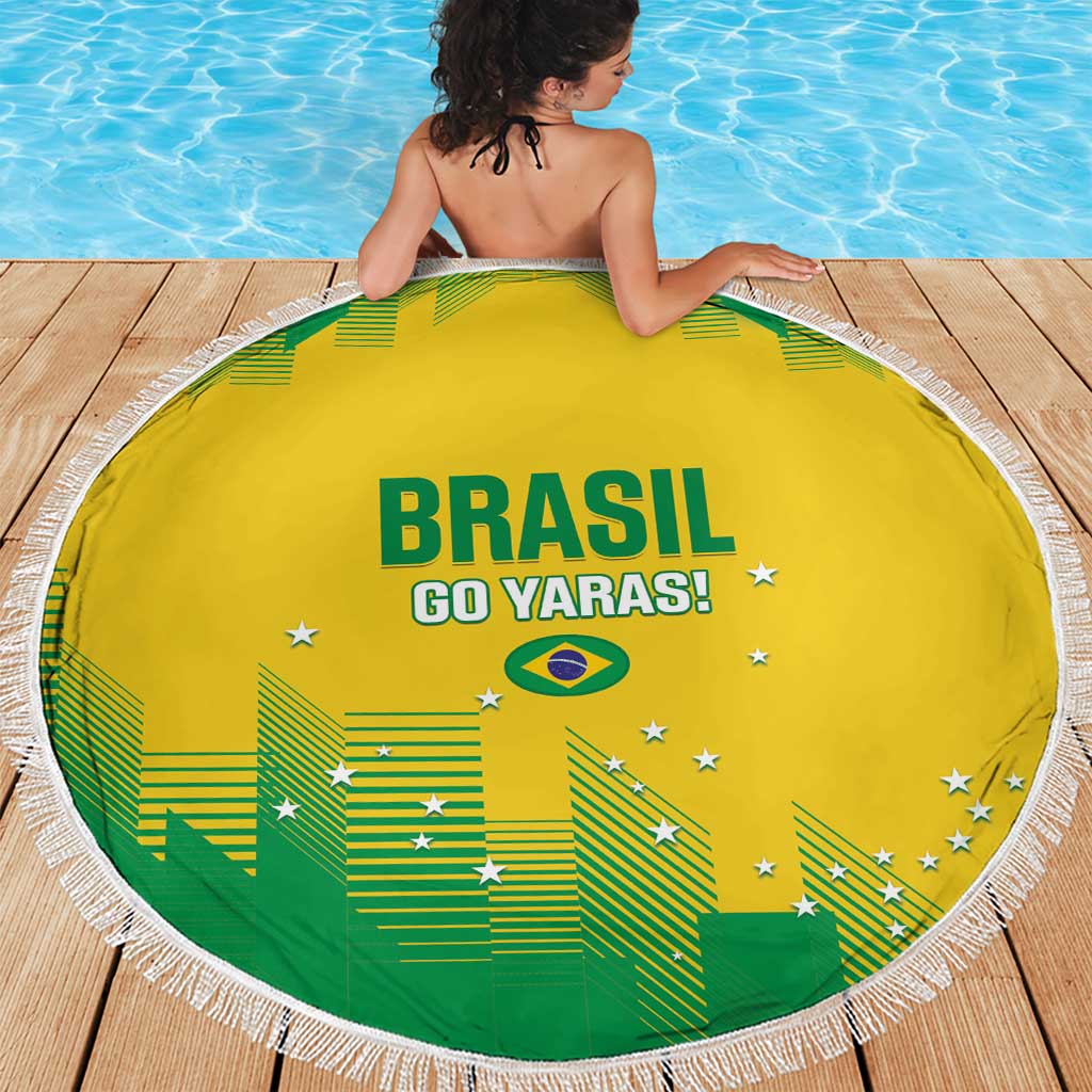 Yellow round beach blanket with tassel fringe, Brasil Go Yaras! center print and green stars