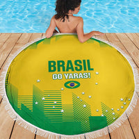 Yellow round beach blanket with tassel fringe, Brasil Go Yaras! center print and green stars