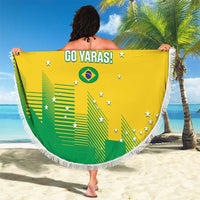Yellow round beach blanket with tassel fringe, Brasil Go Yaras! text and green landscape print