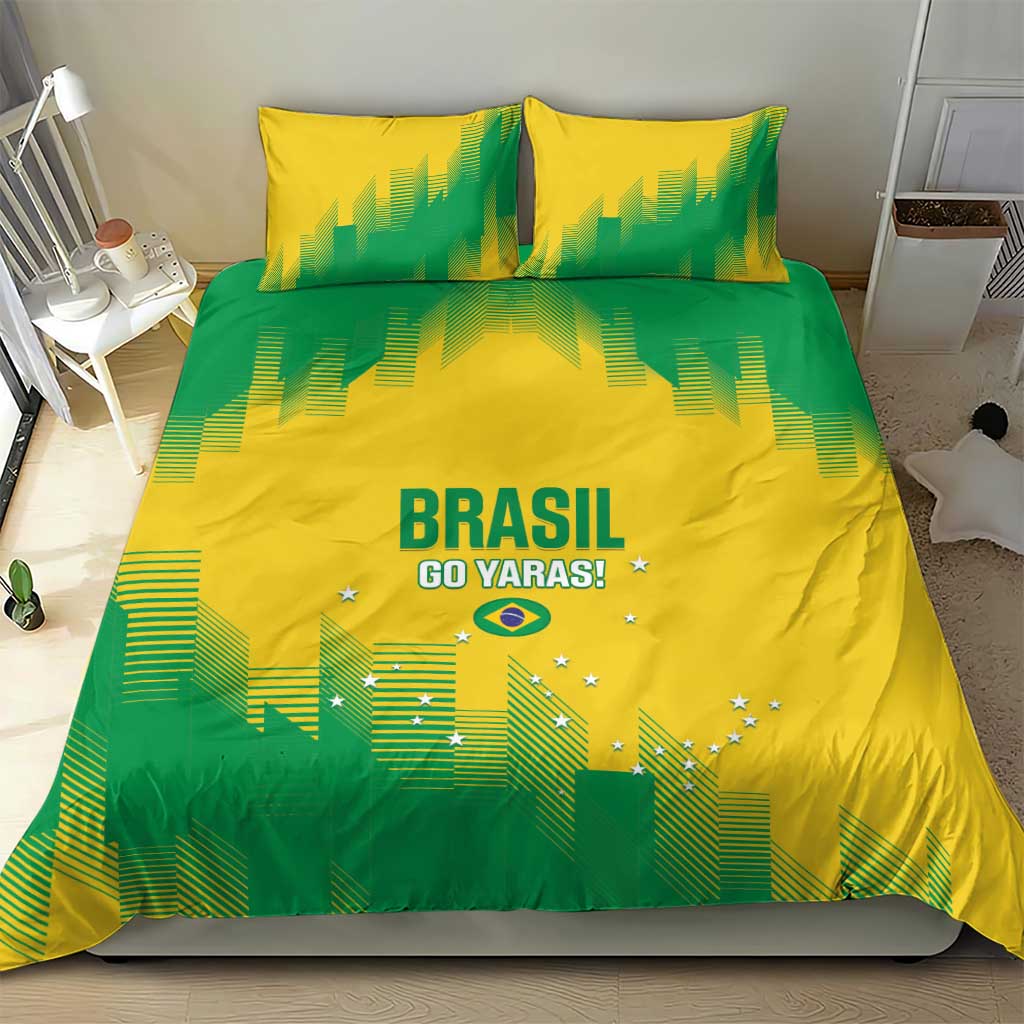 Yellow and green duvet cover and two pillowcases featuring Brasil Go Yaras lettering