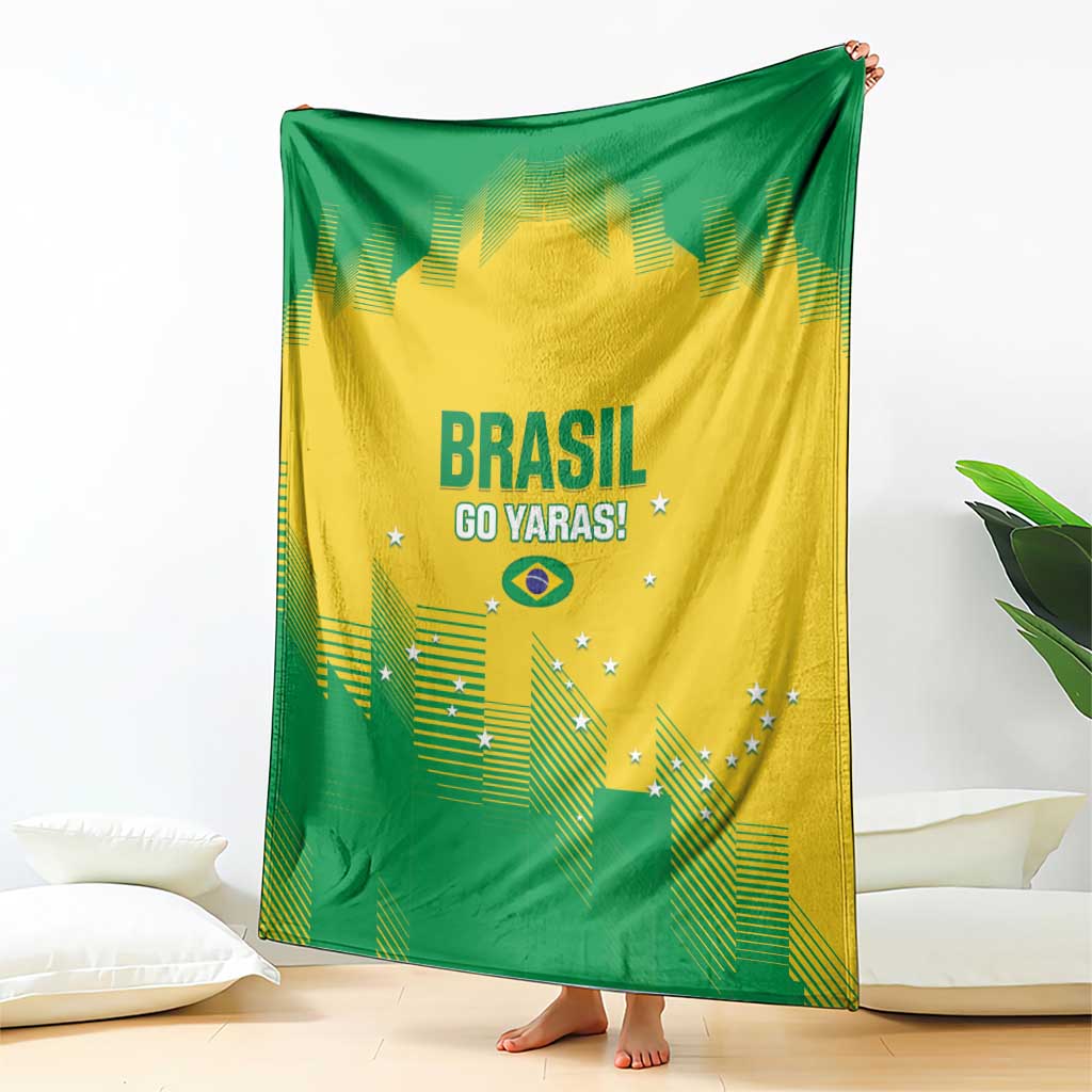 Brasil go Yaras rugby blanket draped, green and yellow with printed Brazil emblem