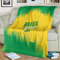Brasil go Yaras rugby blanket on chair, green and yellow with Brazil text and stars