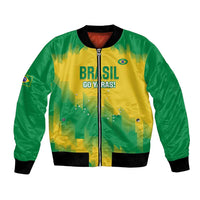 Yellow-and-green bomber jacket with full zipper, ribbed cuffs, and Brazil-style chest graphic