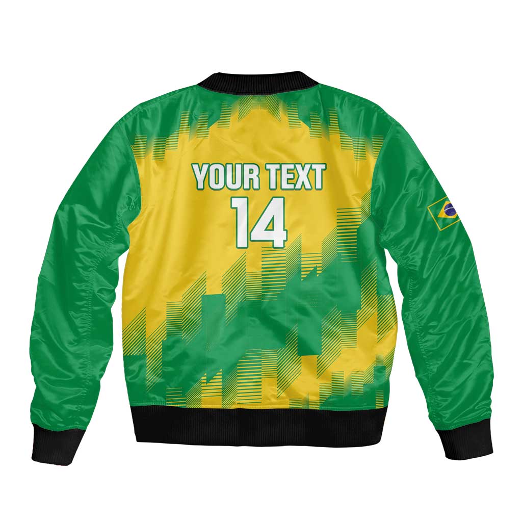 Yellow-and-green bomber jacket back with 'YOUR TEXT' and number 14, ribbed hem and cuffs