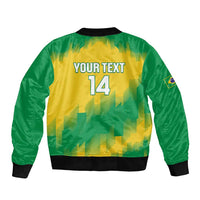 Yellow-and-green bomber jacket back with 'YOUR TEXT' and number 14, ribbed hem and cuffs