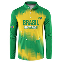 Green and yellow button rugby sweatshirt with Brasil Go Yaras! front graphic and crest