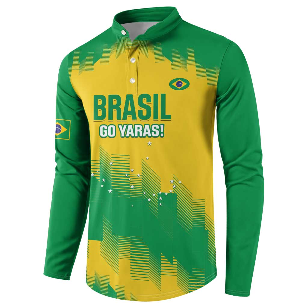 Green and yellow button rugby sweatshirt with Brasil Go Yaras! front print and crest