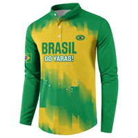 Green and yellow button rugby sweatshirt with Brasil Go Yaras! front print and crest