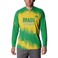 Green and yellow button rugby sweatshirt with Brasil Go Yaras! front graphic, worn by model