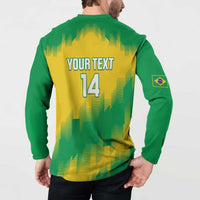 Green and yellow button rugby sweatshirt with YOUR TEXT 14 on back, worn by model