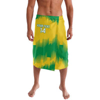 Yellow and green rugby shorts with 'YOUR TEXT 14' print, front view