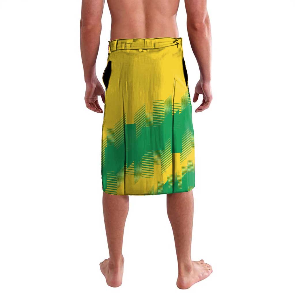 Yellow and green rugby shorts with number 14 print, back view
